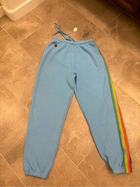 Aviator Nation Light Blue Joggers with Rainbow Side Stripes